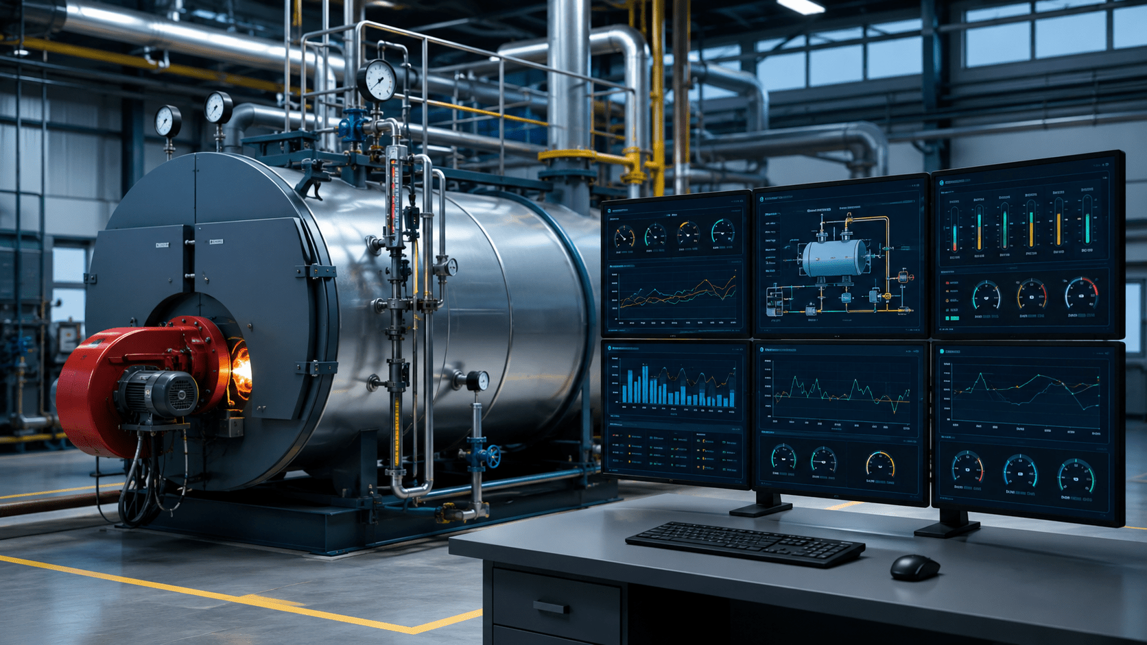 Industrial boiler with multi-screen monitoring dashboard
