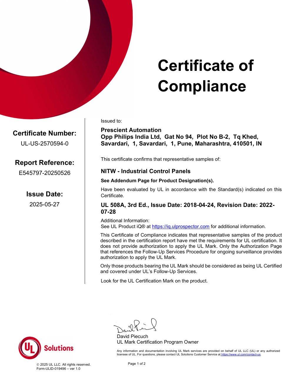 UL 508A Certificate preview